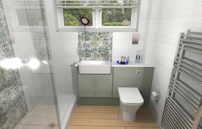 A photo-realistic bathroom design render with walk-in shower