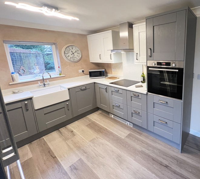 Two-tone grey and white shaker kitchen with a Belfast sink