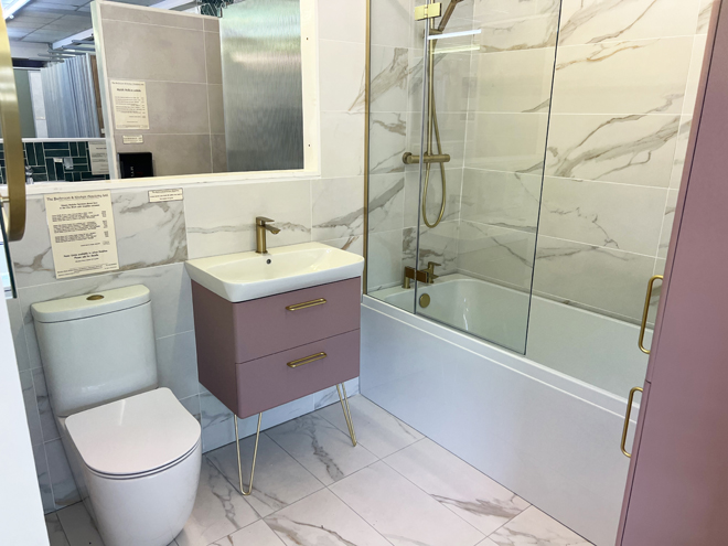Utopia Chic display in Blush with brushed brass fittings in our showroom